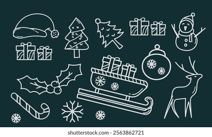 Hand-drawing white doodle christmas elements collection.Vector illustration