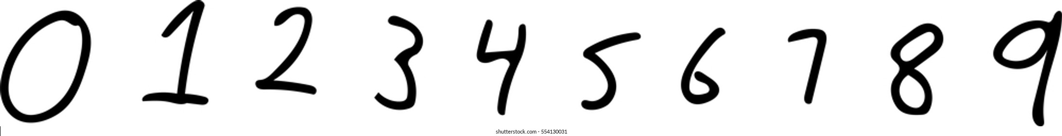 Hand-drawn 0-9 numbers isolated on a white background.