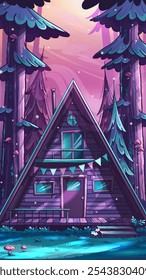 Imagen de 100 Vectores dibujada a mano. Paisaje invernal de Vertical de dibujos animados con casa de madera cubierta de nieve en el bosque. Ilustración vectorial de parajes naturales con casa de camping.