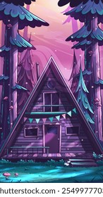 Imagen de 100 Vectores dibujada a mano.  Paisaje invernal de Vertical de dibujos animados con casa de madera cubierta de nieve en el bosque. Acogedora casa de madera entre los ventisqueros. Ilustración vectorial de paisajes naturales