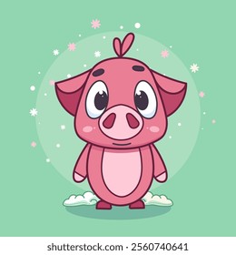 Hand-drawn 100 vector image. Cartoon vector happy pig on green background. Fat pink pig stands on cloud. Realistic illustration. High quality.