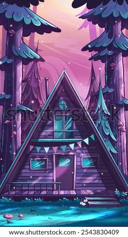 Hand-drawn 100 vector image. Cartoon vertical winter landscape with snow-covered wooden house in the forest. Vector illustration of natural landscapes with camping house.