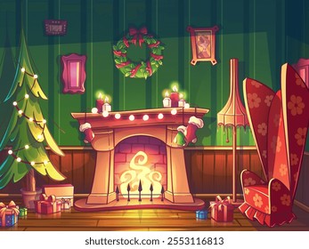 Hand-drawn 100 vector image. Color illustration classic fireplace with brick surround in house with portraits, with a Christmas tree with garlands, gifts, an armchair and a floor lamp..