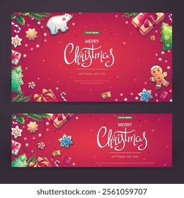 Hand-drawn 100 vector image. Color illustration - cartoon Merry Christmas and Happy New Year horizontal greeting cards with a gingerbread, lollipop, gifts, holly on a red background in cartoon style. 