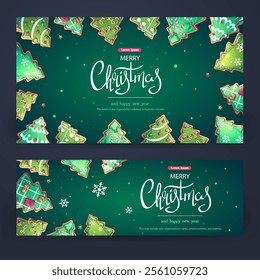 Hand-drawn 100 vector image. Color illustration - cartoon green Merry Christmas and Happy New Year horizontal greeting cards with a gifts, Christmas tree on a background in cartoon style. 