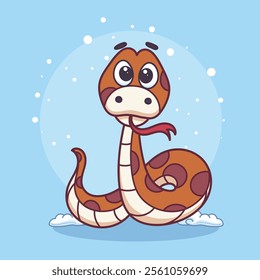 Hand-drawn 100 vector image. Cute cartoon red snake. Vector illustration of animal on blue background.