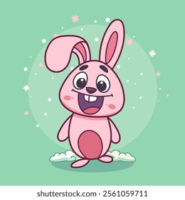 Hand-drawn 100 vector image. Cute cartoon rabbit with laughing open mouth and two teeth. Vector illustration of animal isolated on green background.