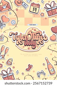 Hand-drawn 100 vector image. Cute vertical image valentin's day items set. Soft pastel colors watercolor for packaging or other