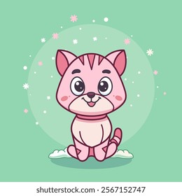 Hand-drawn 100 vector image.  Cute cat concept. Adorable pet sitting on a cloud. Fluffy pink pet. Graphic element for a website. Cartoon flat vector illustration isolated on light green background