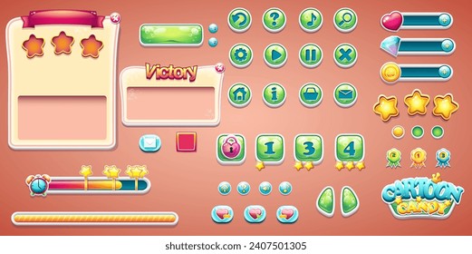 Hand-drawn 100 vector image. Digital illustration.  Set buttons, progress bars, bars objects, boosters and other elements for web design and user interface of computer game Cartoon Candy