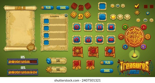 Hand-drawn 100 vector image. Digital illustration.  Set buttons, progress bars, bars objects, boosters and other elements for web design and user interface of computer game Treasures Jungle