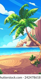 Hand-drawn 100 vector image. Digital illustration. Cartoon vertical seascape with a surf wave and coastal rocks. On the shore there is a palm tree, a flask of rum, and a starfish.