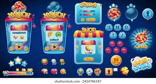 Hand-drawn 100 vector image. Digital illustration. Set buttons, progress bars, bars objects, boosters and other elements for web design and user interface of computer game Sweet World