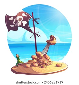 Hand-drawn 100 vector image. Digital illustration. Vector color illustration saber in a pile of gold coins, flask of rum, pirate flag. Vector illustration of natural landscape. 