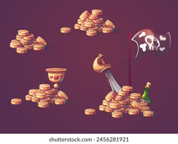 Hand-drawn 100 vector image. Digital illustration. Vector color illustration set of various elements saber, pile of gold coins, flask of rum, pirate flag. Vector illustration of natural landscape. 