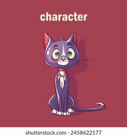 Hand-drawn 100 vector image. Digital illustration. Cartoon character a cute purple cat with green eyes and a medallion. 