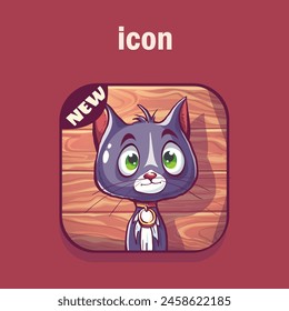 Hand-drawn 100 vector image. Digital illustration. Icon a cute purple cat with green eyes and a medallion. Cartoon character