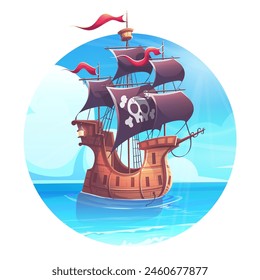 Hand-drawn 100 vector image. Digital illustration. Cartoon illustration with Pirate ship with red flags and lantern. 