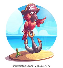 Hand-drawn 100 vector image. Digital illustration. Cartoon parrot in a pirate hat sitting on a ship's anchor. Vector illustration of natural landscape. 