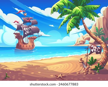 Hand-drawn 100 vector image. Digital illustration. Cartoon seascape with Pirates ship. Vector illustration of natural landscape. On the shore there is palm tree, flask of rum, and starfish.