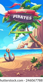 Hand-drawn 100 vector image. Digital illustration. Solitaire Pirates - vertical loading window background. Cartoon seascape with ship anchor, palm tree, sword in gold coins.