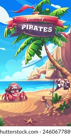 Hand-drawn 100 vector image. Digital illustration. Solitaire Pirates - vertical window background. Cartoon seascape with laughing crab in a pirate hat. 