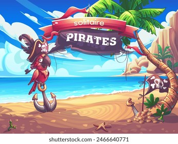 Hand-drawn 100 vector image. Digital illustration. Solitaire Pirates - main window background.  Cartoon seascape with anchored parrot in a pirate hat with a smoking pipe in beak.