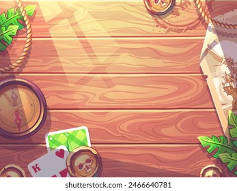 Imagen de 100 Vectores dibujada a mano. Ilustración digital Mesa de madera con brújula, cuerda, moneda de oro, hoja de helecho, pedazo de mapa, jugando a las cartas. Pared de madera marrón claro, tablero, mesa o superficie del piso.