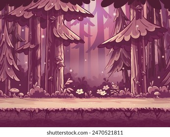 Hand-drawn 100 vector image. Digital illustration.  Vector seamless illustration hand drawing sketch of mysterious forest. Silhouettes of trees in the fog in the distance. Anxious forest