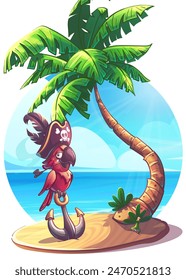 Hand-drawn 100 vector image. Digital illustration. Anchored parrot in a pirate hat with a smoking pipe in beak near palm tree. On the shore there is parrot pirate, palm tree, flask of rum