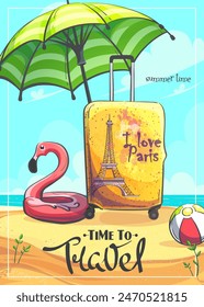 Hand-drawn 100 vector image. Digital illustration. Time to travel - flamingo near travel yellow suitcase, ball, beach umbrella on the sandy shore