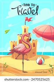 Hand-drawn 100 vector image. Digital illustration. Time to travel - sand castle with flamingo on the ocean shore under the shade of an umbrella