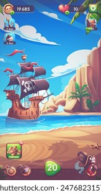 Hand-drawn 100 vector image. Digital illustration. Playing field smartphone format with the Pirates ship in lagoon with rock. Vector illustration of natural landscape. 