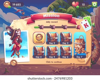 Hand-drawn 100 vector image. Digital illustration. Solitaire pirates - playing field mission with daily reward windows. Vector illustration of natural landscape. 