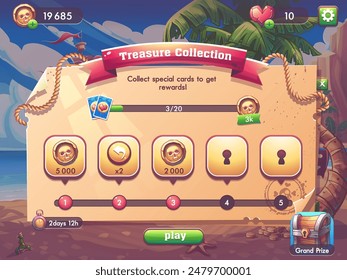 Handgezeichnetes 100 Vektorgrafiken Bild. Digitale Darstellung. Treasure Kollektion - Spielfeld Belohnungsfenster mit Einstellungen, Hauptpreis, Truhe, Anzahl der Leben, Küste, Ozean, Palme