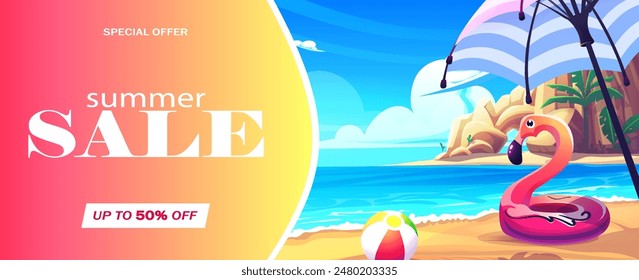 Hand-drawn 100 vector image. Digital illustration. Time to travel - summer sale - flamingo, ball and beach umbrella on the ocean shore against the background of sky, clouds, mountains