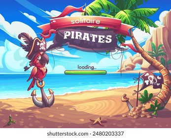 Hand-drawn 100 vector image. Digital illustration. Solitaire pirates - cartoon seascape with anchored parrot in a pirate hat. On the shore there is parrot pirate, palm tree, flask of rum