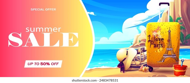Hand-drawn 100 vector image. Digital illustration. Time to travel - summer sale - travel yellow suitcase, beach hat, bag, bucket, shell on  the sandy shoreuntains