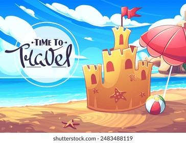 Hand-drawn 100 vector image. Digital illustration. Time to travel - sand castle on the ocean shore under the shade of an red umbrella