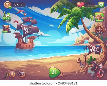 Hand-drawn 100 vector image. Digital illustration. Playing field with pirates ship in lagoon with rock and palm tree on the shore.. Vector illustration of natural landscape.