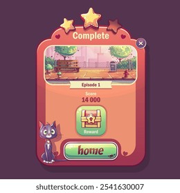 Hand-drawn 100 vector image. Digital illustration.  Graphic user interface complete window for adventure game Solitaire travel. Vector graphic design screen, background with chest and kitten