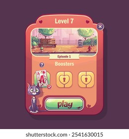 Hand-drawn 100 vector image. Digital illustration.  Graphic user interface new level window for adventure game Solitaire travel. Vector graphic design screen, background with playing cards and kitten