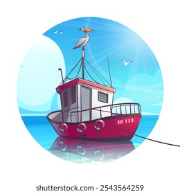 Hand-drawn 100 vector image. Digital illustration. Fishing boat at sea. Ship on ocean wave. Blue sky and barge on water vector landscape. Ship with pelican on mast in natural environment