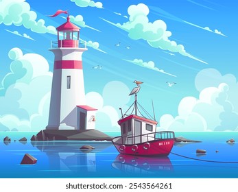 Hand-drawn 100 vector image. Digital illustration. Fishing boat in the sea in front of the lighthouse on the rock.  Blue sky and barge on the water vector landscape. Ship with a pelican