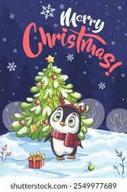 Imagen de 100 Vectores dibujada a mano. Ilustración digital. Vertical linda tarjeta de Navidad. Pequeño pingüino de la historieta, caja de las Navidades con los regalos, juguetes del árbol de navidad contra el fondo del cielo de la nieve de la noche