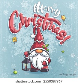 Hand-drawn 100 vector image. Digital illustration. Merry Christmas card - Vector background with a gnome with a lantern and in a hat.