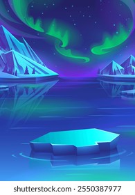 Imagen de 100 Vectores dibujada a mano. Ilustración digital. Témpano de hielo flotante en agua helada bajo las auroras boreales. Paisaje de Vector de Vertical polar ártico por la noche. Invierno del norte y icebergs