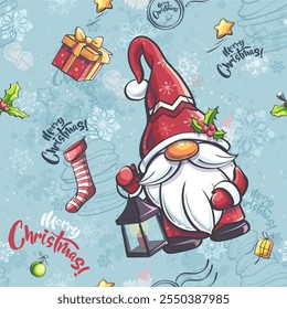 Hand-drawn 100 vector image. Digital illustration. Vector seamless background with a gnome with a lantern and in a hat.