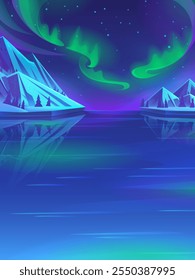 Imagen de 100 Vectores dibujada a mano. Ilustración digital. Aurora boreal. Paisaje de Vector de Vertical polar ártico por la noche. Invierno del norte y fondo de dibujos animados de glaciares de icebergs.