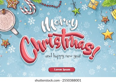 Hand-drawn 100 vector image. Digital illustration. Merry Christmas card - congratulatory inscription on a light blue snowy background with gifts, toys, gingerbread, lollipop